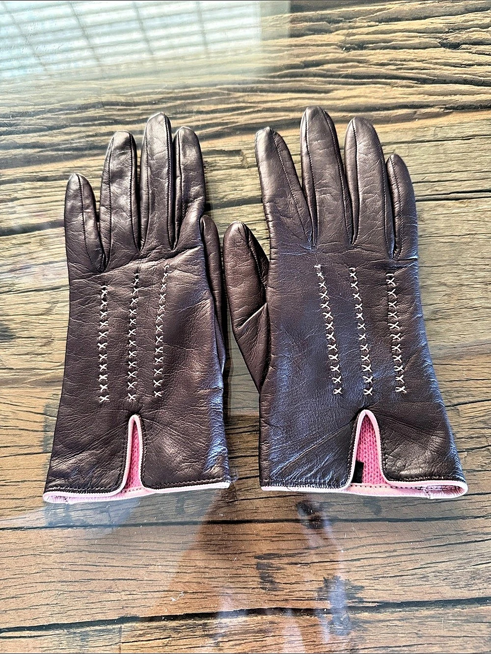 Leather Gloves Brown Size 6½ with pink stitching and pink cashmere lining